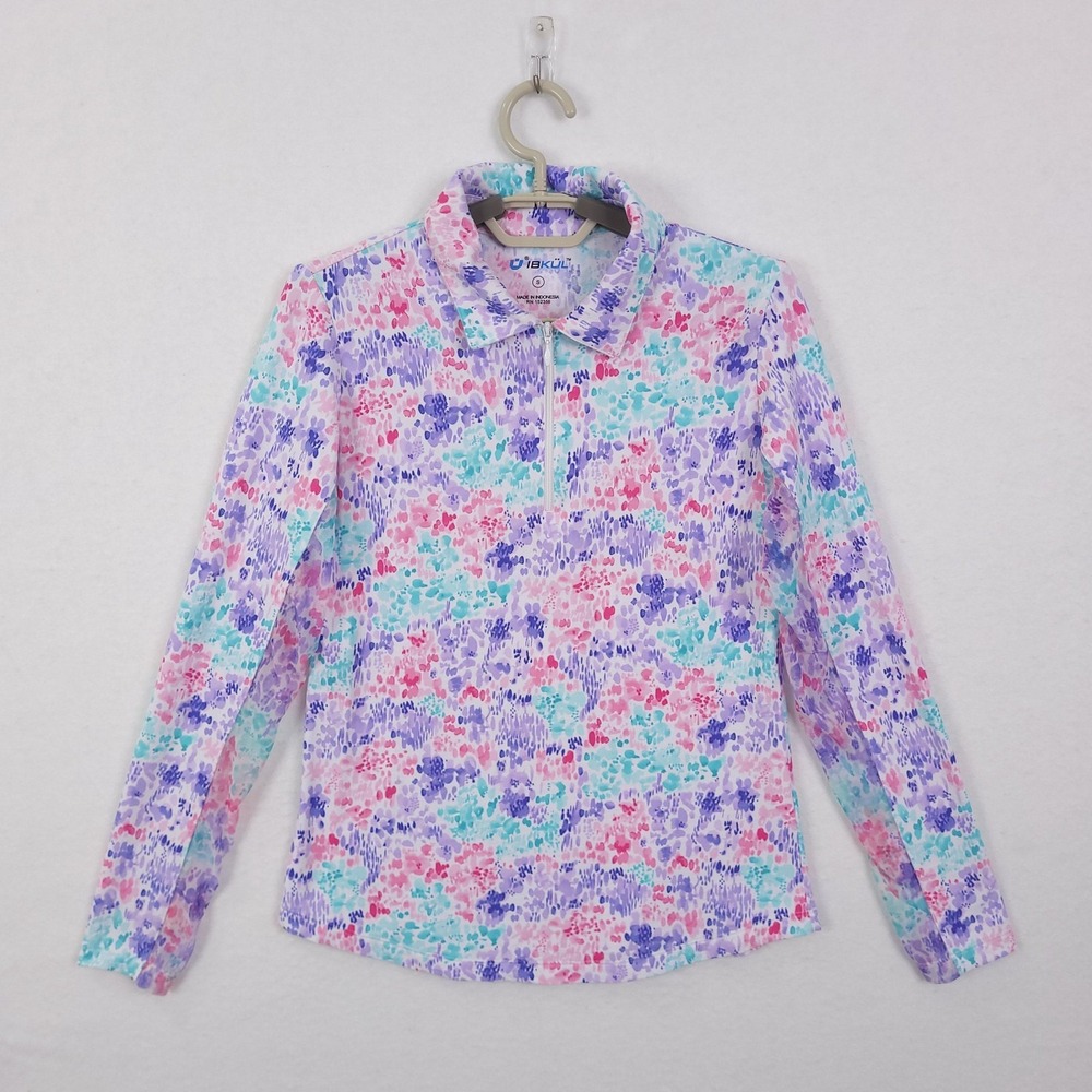 IBKUL Polo Shirt Womens Small Floral Long Sleeve Zip Golf Tennis Athletic